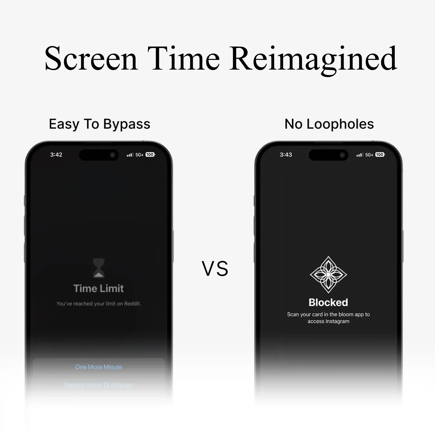 Screen time apps are easy to bypass. Bloom has no loopholes.