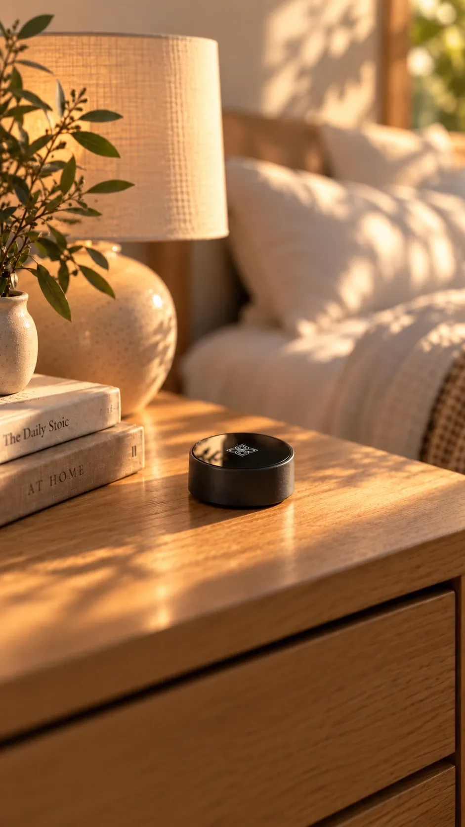 Bloom Pod on a wooden nightstand in warm evening light