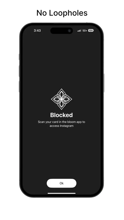An iPhone showing the Bloom Blocked screen: tap your Bloom card to access Instagram