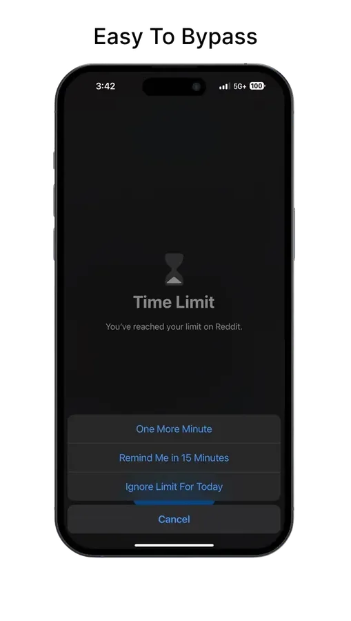 A screen time app showing a Time Limit warning with an Ignore Limit for Today option