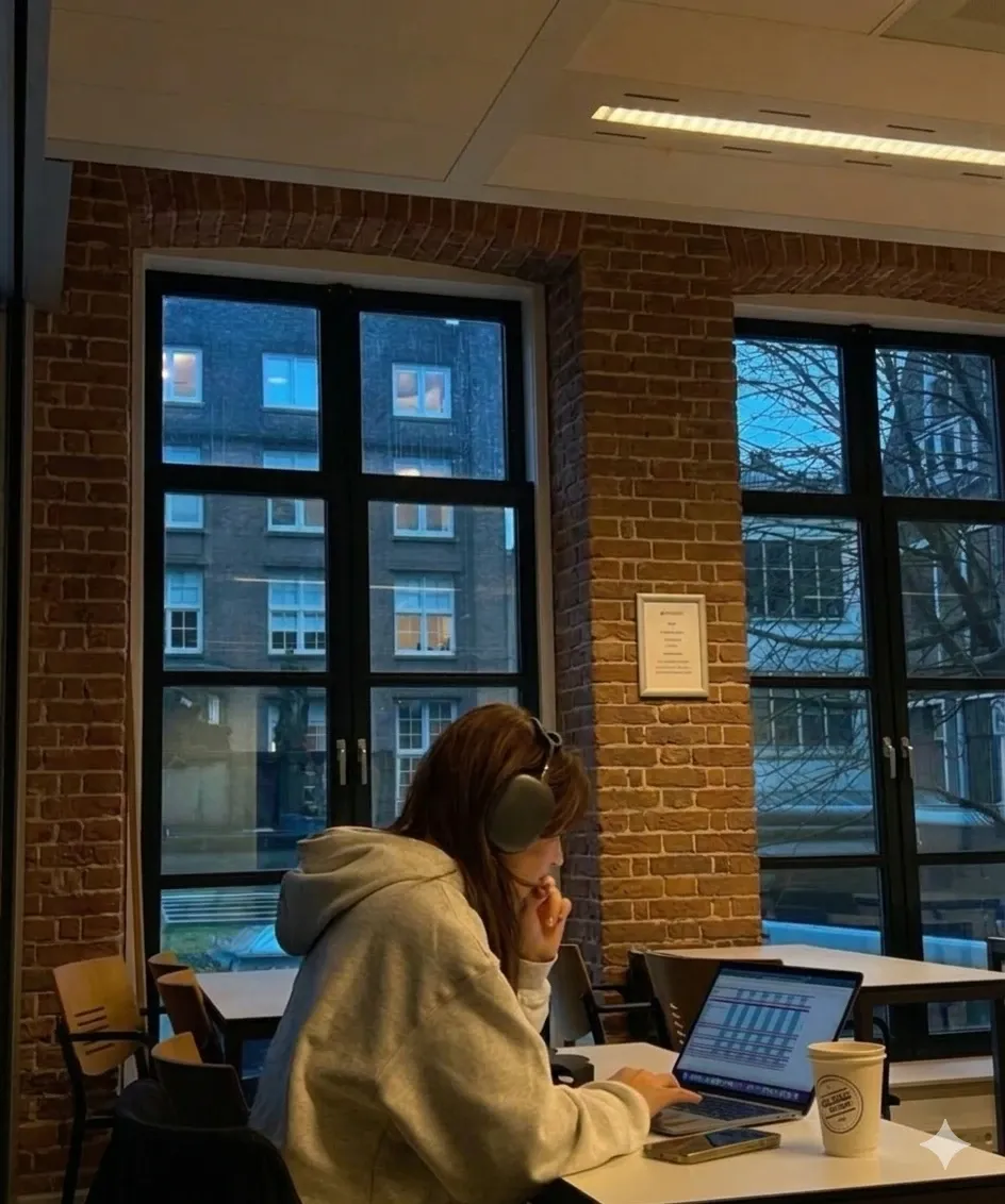 A student working on a laptop in a library