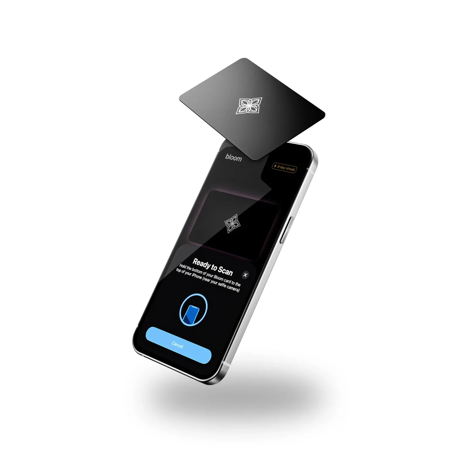 The Bloom Card held over an iPhone showing a Ready to Scan prompt