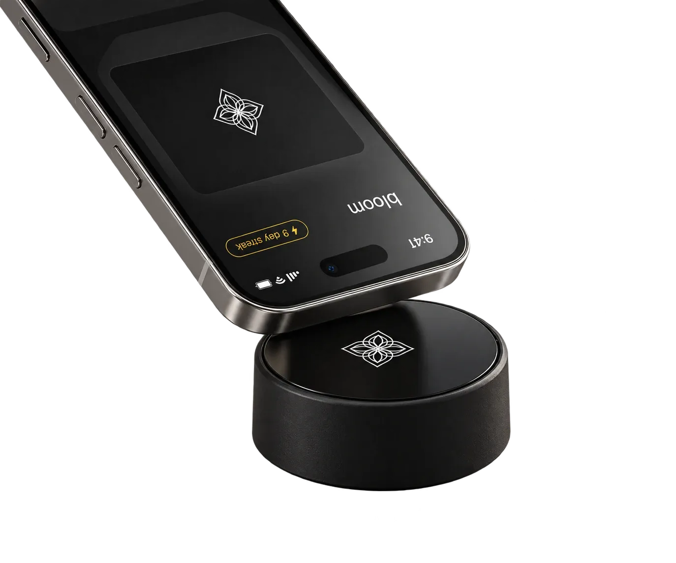 A phone tapped on the Bloom Pod to lock distracting apps