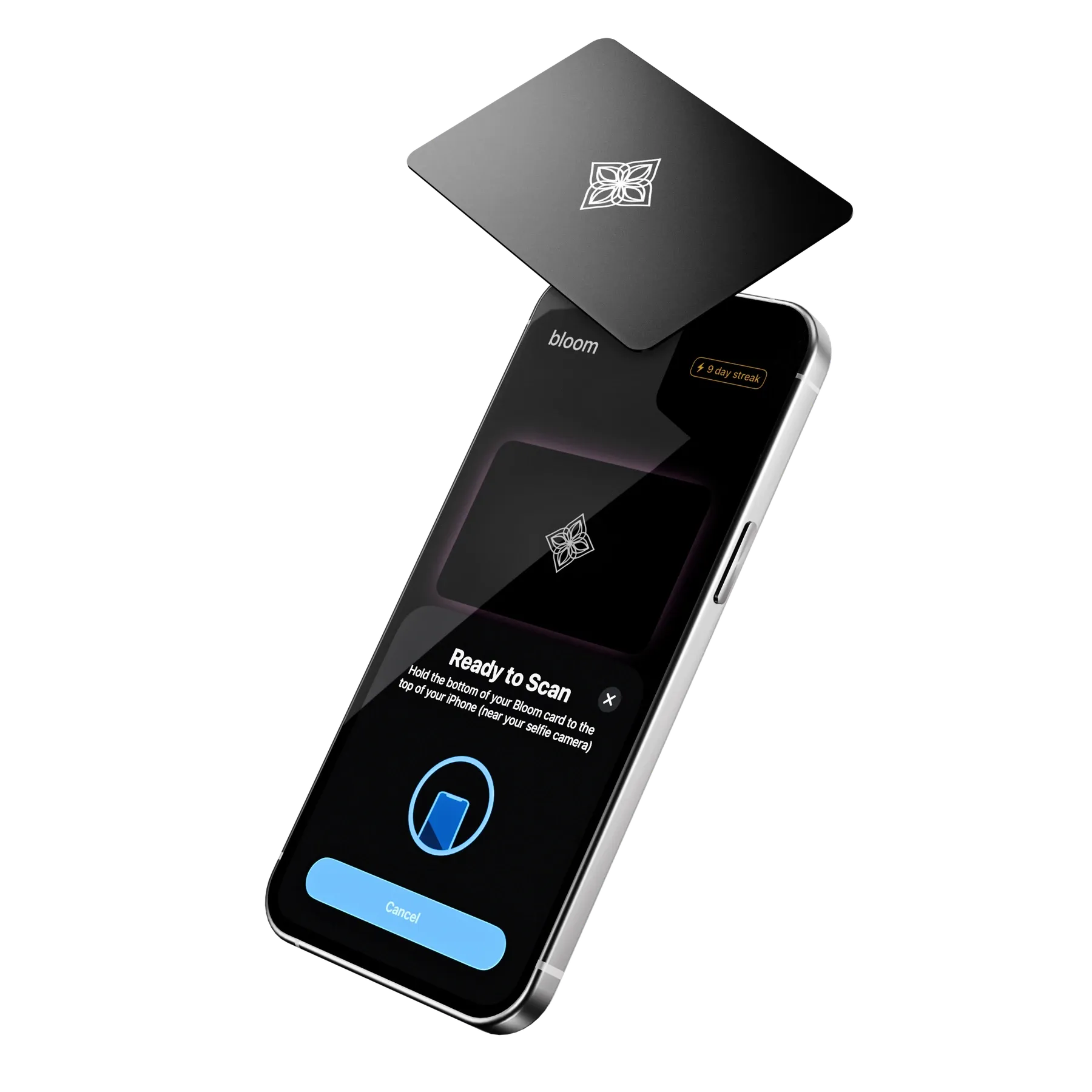 The Bloom Card tapped against the top of an iPhone showing a Ready to Scan prompt